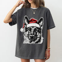 Santa Hat Dog T-Shirt, German Shepherd Christmas Shirt, Adorable Holiday Puppy Graphic Tee, Festive Dog Lover Shirt, Winter Pet Holiday Present