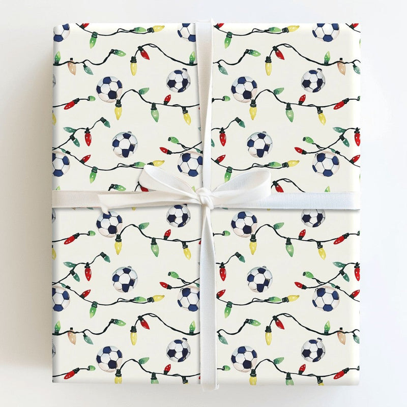 Watercolor Sports Holiday Gift Wrap, Soccer Christmas Wrapping Paper, Christmas Lights Soccer Present Wrap, Player Coach Holiday Present Paper