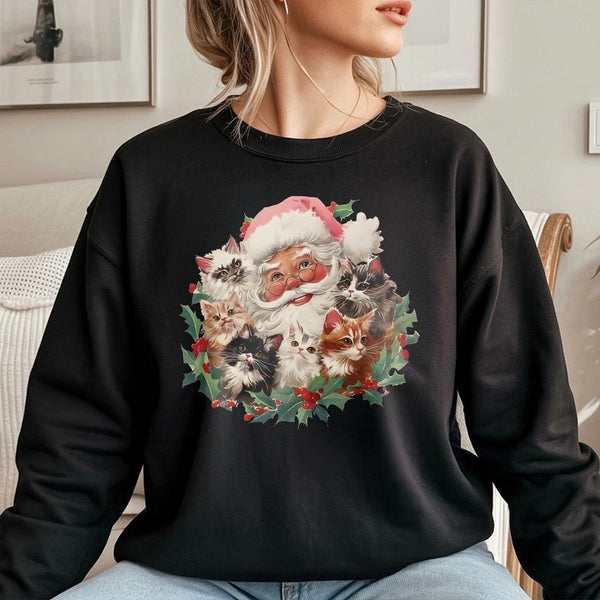 Adorable Kitten Holiday Sweatshirt, Santa Claus with Cats Christmas Sweatshirt, Festive Pet Lover Crewneck Sweatshirt, Cat Mo