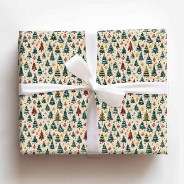 Rustic Holiday Forest Gift Wrap, Vintage Christmas Tree Wrapping Paper, Colorful Tree Present Wrap, Retro Xmas Packaging Pape
