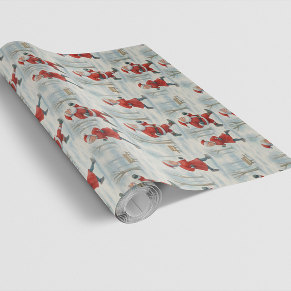 Running Santa and Mrs Claus Gift Wrap, Cardio Santa Wrapping Paper, Humorous Fitness Christmas Present Paper Roll, Holiday Wr