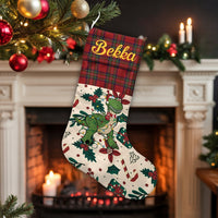 Custom Name Red Plaid Stocking, Personalized Dinosaur Christmas Stocking, Dino Holiday Mantel Decor, Velboa Kids Christmas Stocking