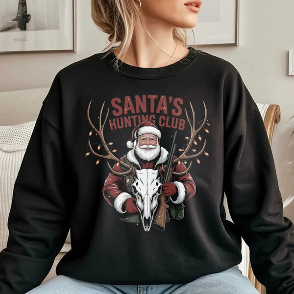 Humorous Christmas Deer Hunter Sweatshirt, Santa's Hunting Club Sweatshirt, Outdoor Holiday Graphic Crewneck