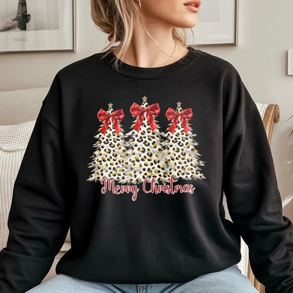 Coquette Bow Holiday Tree Crewneck, Leopard Print Christmas Tree Sweatshirt, Merry Christmas Graphic Pullover, Festive Winter