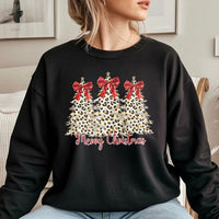 Coquette Bow Holiday Tree Crewneck, Leopard Print Christmas Tree Sweatshirt, Merry Christmas Graphic Pullover, Festive Winter Season Sweater