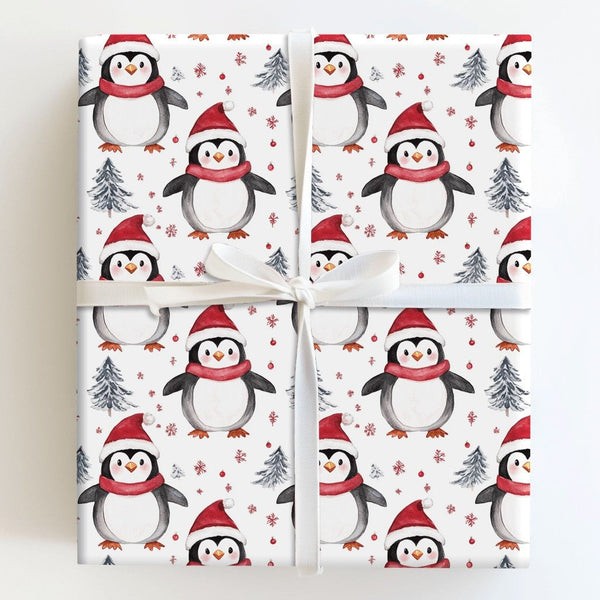 Santa Hat Holiday Gift Wrap, Watercolor Penguin Christmas Wrapping Paper, Winter Penguin Wrapping Paper, Snowy Tree Gift Wrap