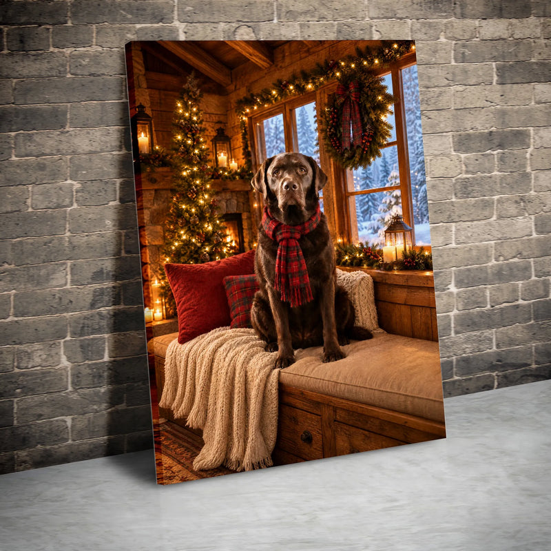 Plaid Scarf Labrador Holiday Wall Art, Christmas Chocolate Lab Canvas, Comfy Cabin Dog Christmas Print, Rustic Labrador Canvas