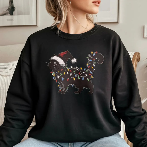 Santa Hat Cat Tangled in Lights Crewneck, Black Cat Christmas Sweatshirt, Humorous Cat Lover Holiday Pullover, Xmas Cat Sweat