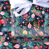 Navy Pine Branch Gift Wrap, Watercolor Ornament Wrapping Paper, Festive Christmas Ornament Wrapping Paper, Holiday Present Paper Roll