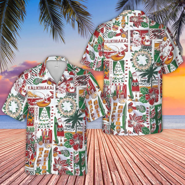 Surfing Santa Tropical Christmas Shirt, Mele Kalikimaka Hawaiian Shirt, Holiday Aloha Shirt, Festive Xmas Button Up Shirt, Me