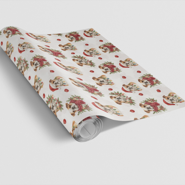 Festive Bulldog Gift Wrap, Bulldog Christmas Wrapping Paper, Holiday Dog Wrapping Paper Roll, Dog Lover Xmas Wrapping Paper, 