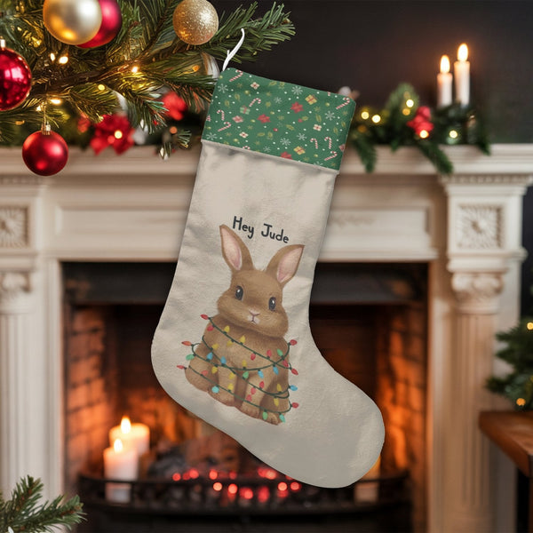 Adorable Rabbit Fairy Lights Stocking, Personalized Bunny Christmas Stocking, Custom Name Holiday Stocking, Kids Xmas Firepla