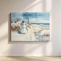 Snowy Beach Holiday Canvas Print, Coastal Snowman Canvas Wall Art, Watercolor Snowman Canvas, Coastal Christmas Wall Decor