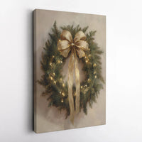 Holiday Fairy Lights Canvas Print, Christmas Wreath Gold Bow Canvas Wall Art, Winter Botanical Wall Decor, Digital Download Holiday Art Present