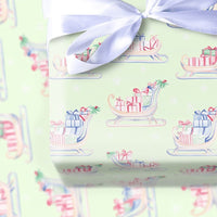 Pastel Christmas Sleigh Gift Wrap, Watercolor Sleigh Wrapping Paper, Holiday Presents Wrapping Paper, Winter Present Packaging Paper Roll