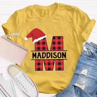 Custom Name Buffalo Plaid Holiday Graphic Tee, Personalized Plaid Christmas T-Shirt, Matching Family Xmas Shirt, Christmas Eve Present