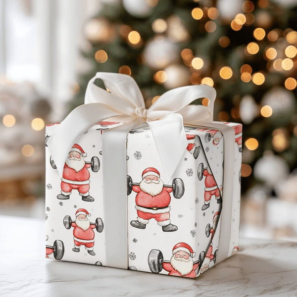 Humorous Gym Holiday Gift Wrap, Weightlifting Santa Christmas Wrapping Paper, Fitness Barbell Santa Paper, Bodybuilder Presen