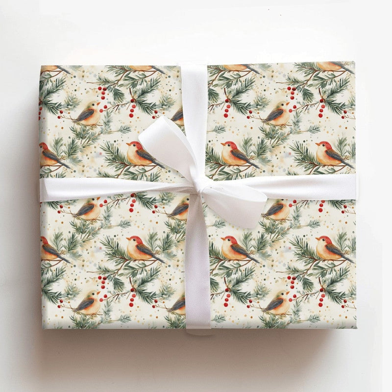 Pine Branch Bird Gift Wrap, Watercolor Winter Birds Wrapping Paper, Red Berry Christmas Wrapping Paper, Rustic Holiday Gift Wrapping Paper
