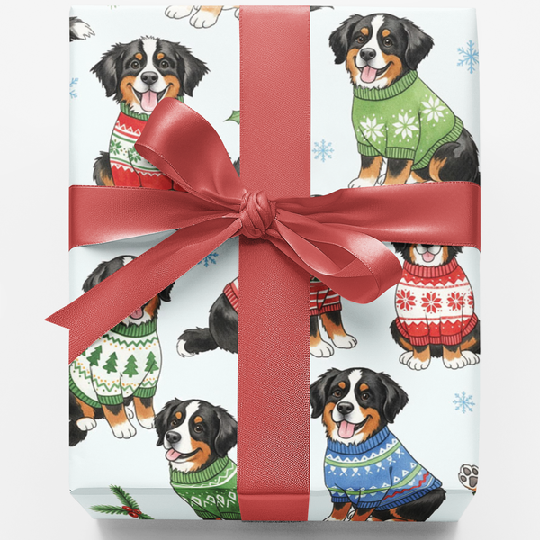 Ugly Sweater Dog Gift Wrap, Bernese Mountain Dog Christmas Wrapping Paper, Festive Berner Wrapping Paper, Holiday Pet Lover G