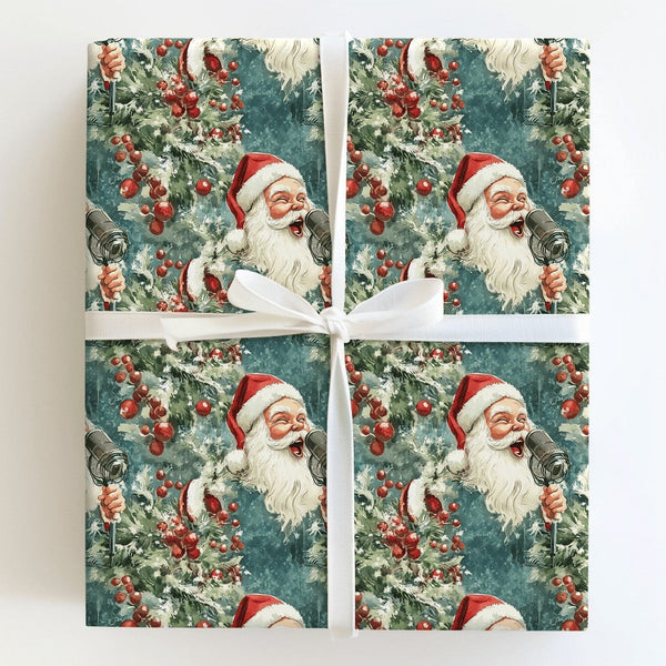 Retro Christmas Carols Gift Wrap, Vintage Singing Santa Wrapping Paper, Holiday Present Paper, Festive Xmas Wrapping Paper Ro