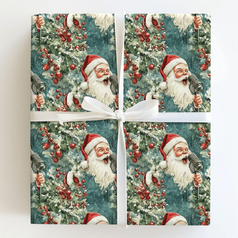 Retro Christmas Carols Gift Wrap, Vintage Singing Santa Wrapping Paper, Holiday Present Paper, Festive Xmas Wrapping Paper Roll for Presents
