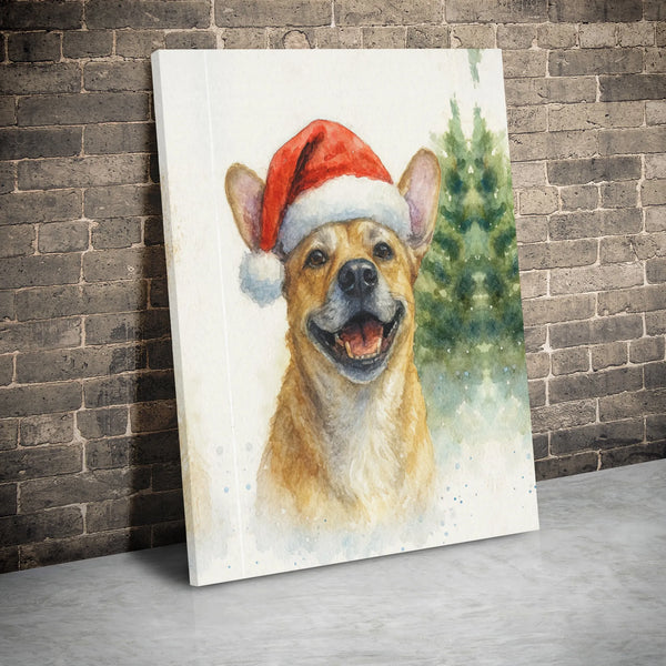 Watercolor Dog in Santa Hat Print, Smiling Christmas Puppy Canvas Art, Adorable Holiday Puppy Wall Decor, Festive Dog Lover C