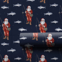 Navy Blue Fisherman Santa Gift Wrap, Fishing Santa Wrapping Paper, Angler Dad Christmas Present Paper, Outdoor Xmas Gift Wrapping Paper