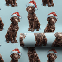 Dog Puppy Santa Hat Gift Wrap, Chocolate Labrador Christmas Wrapping Paper, Adorable Pet Holiday Wrapping Paper, Dog Lover Xmas Present Wrap
