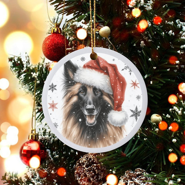 Santa Hat Dog Tree Ornament, Belgian Tervuren Christmas Ornament, Ceramic Holiday Dog Ornament, Pet Keepsake, Dog Lover Holid