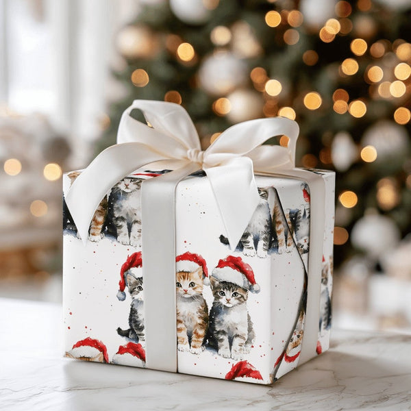 Adorable Cat Lover Christmas Gift Wrap, Watercolor Kittens in Santa Hats Wrapping Paper, Festive Holiday Wrapping Paper, Kitt