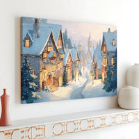 Winter Town Watercolor Illustration, Snowy Christmas Village Canvas Wall Art Printable, Comfy Holiday Home Decor, Digital Download