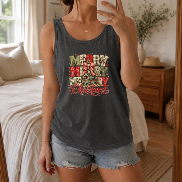 Patchwork Christmas Tree Tank, Merry Merry Merry Christmas Tank Top, Vintage Farmhouse Holiday Tank Top, Sleeveless Tee, Chri