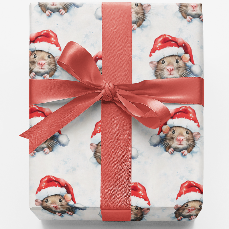 Adorable Rodent in Santa Hat Gift Wrap Roll, Christmas Mouse Wrapping Paper, Pet Lover Holiday Wrapping Paper, Festive Christmas Present Wrap