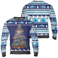 Nordic Ocean Holiday Sweater, Shark Christmas Tree Ugly Sweater, Marine Life Xmas Ugly Sweater, Humorous Fish Winter Crewneck Sweater Present