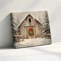 Rustic Farmhouse Barn Canvas Print, Winter Barn Canvas Wall Art, Snowy Christmas Wreath Canvas Art, Holiday Season Wall Decor, Country Present