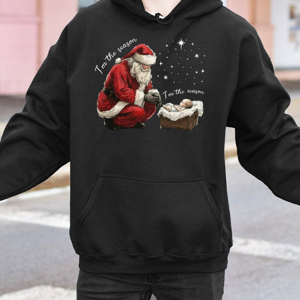 Religious Christmas Hooded Sweatshirt, Santa Kneeling Before Baby Jesus Hoodie, Christian Faith Pullover Hoodie, Meaningful H
