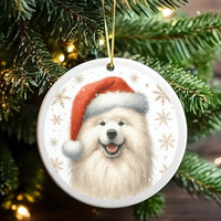 Santa Hat Fluffy Puppy Ornament, Samoyed Dog Christmas Ornament, Festive Dog Lover Ceramic Ornament, Xmas Tree Hanging Decor, Holiday Present