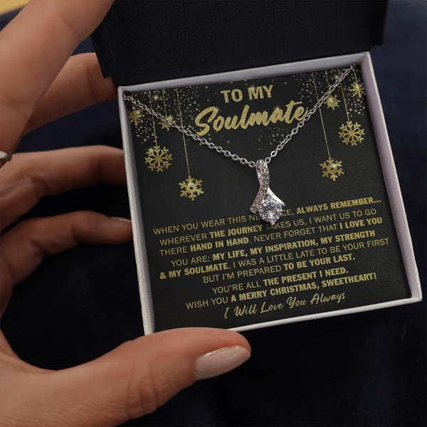 Christmas Message Card Necklace, Soulmate Ribbon Pendant Necklace, 14k White Gold Sparkle Necklace, Romantic Holiday Jewelry,
