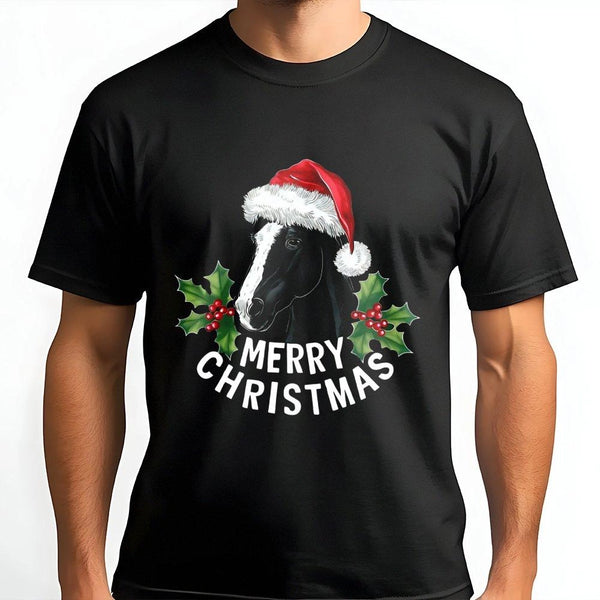 Santa Hat Equestrian Shirt, Horse Merry Christmas T-Shirt, Adorable Holiday Horse Graphic Tee, Retro Xmas Farm Animal Tee, Ho