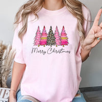 Preppy Animal Print Holiday Graphic Tee, Merry Christmas Pink Leopard Tree T-Shirt, Adorable Coquette Xmas Shirt, Women Holiday Tee