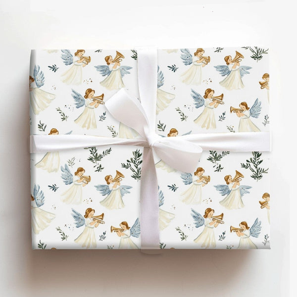 Celestial Horn Playing Angels Gift Wrap, Watercolor Angel Christmas Wrapping Paper, Religious Holiday Present Paper, Angelic 