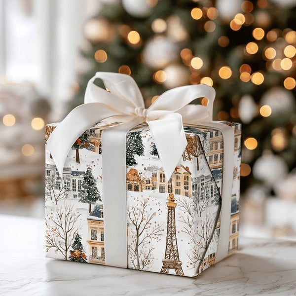 Snowy Eiffel Tower Gift Wrap, Paris Christmas Wrapping Paper, French Cityscape Wrapping Paper, Holiday Travel Present Paper R