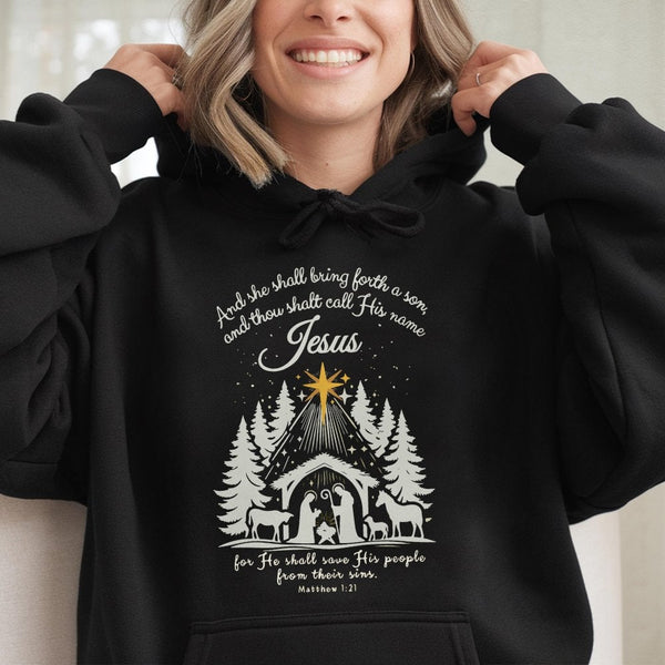 Matthew 1:21 Bible Verse Hoodie, Nativity Scene Hoodie, Christian Christmas Hoodie, Faith Hooded Sweatshirt, Holiday Church P