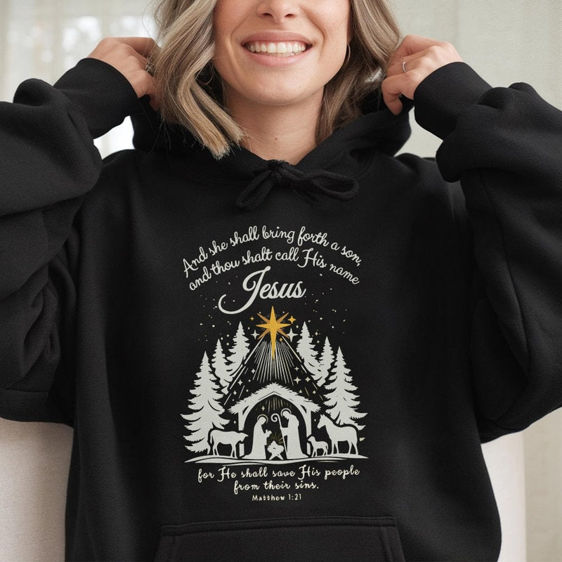 Matthew 1:21 Bible Verse Hoodie, Nativity Scene Hoodie, Christian Christmas Hoodie, Faith Hooded Sweatshirt, Holiday Church Pullover Present