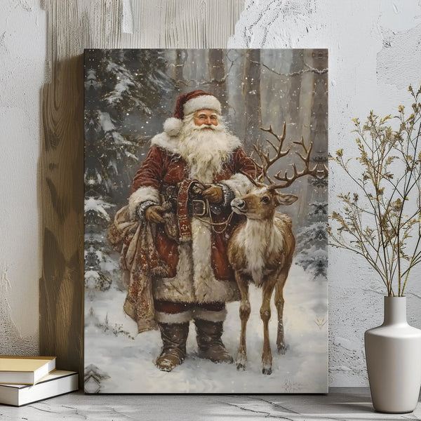 Snowy Forest Reindeer Canvas Wall Art, Vintage Santa Claus Canvas Print, Rustic Christmas Canvas Decor, Holiday Season Fine A