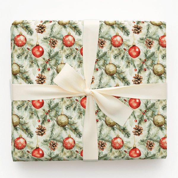 Pinecone and Berry Gift Wrap, Watercolor Ornament Christmas Wrapping Paper, Vintage Holiday Wrapping Paper, Rustic Pine Gift 