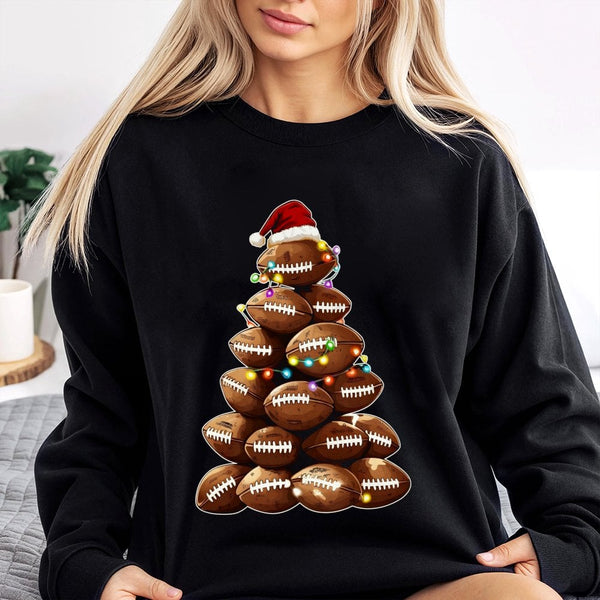 Sports Holiday Crewneck, Football Christmas Tree Sweatshirt, Festive Football Lights Pullover, Adorable Xmas Football Sweater