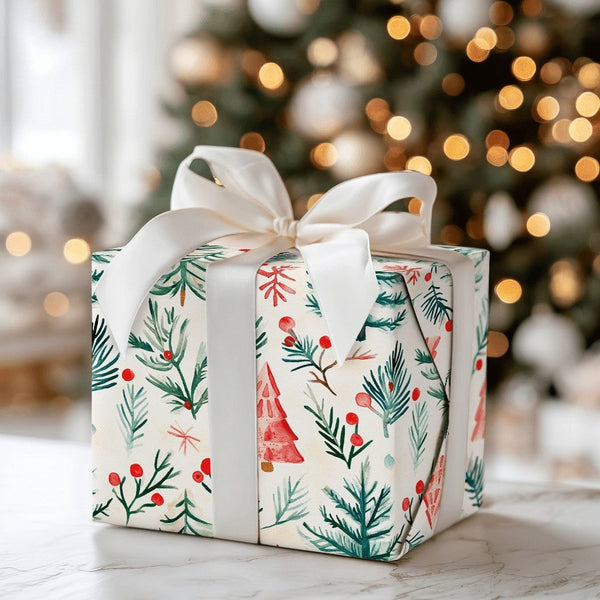 Rustic Winter Forest Gift Wrap, Watercolor Pine Tree Wrapping Paper, Christmas Holly Berry Wrapping Paper, Holiday Present Wr