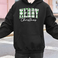 Green Plaid Varsity Lettering Hooded Sweatshirt, Merry Christmas Hoodie, Preppy Holiday Tree Pullover, Comfy Festive Winter Outfit Present