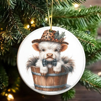 Leopard Print Plaid Bow Cow Ornament, Baby Highland Cow Christmas Ornament, Farmhouse Holiday Tree Ornament, Adorable Animal Keepsake Xmas Present
